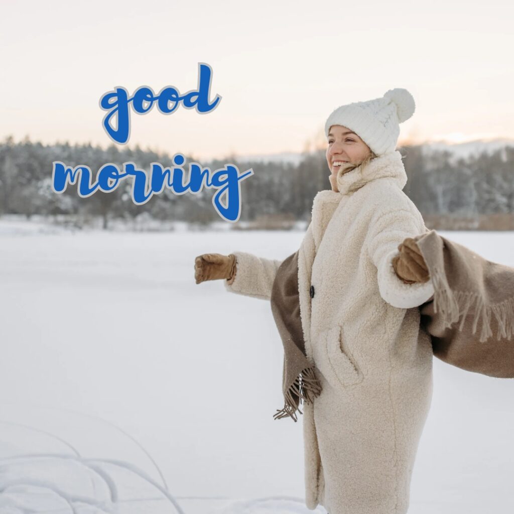 Winter good morning images in this a beautiful girl in the snow mountain area
