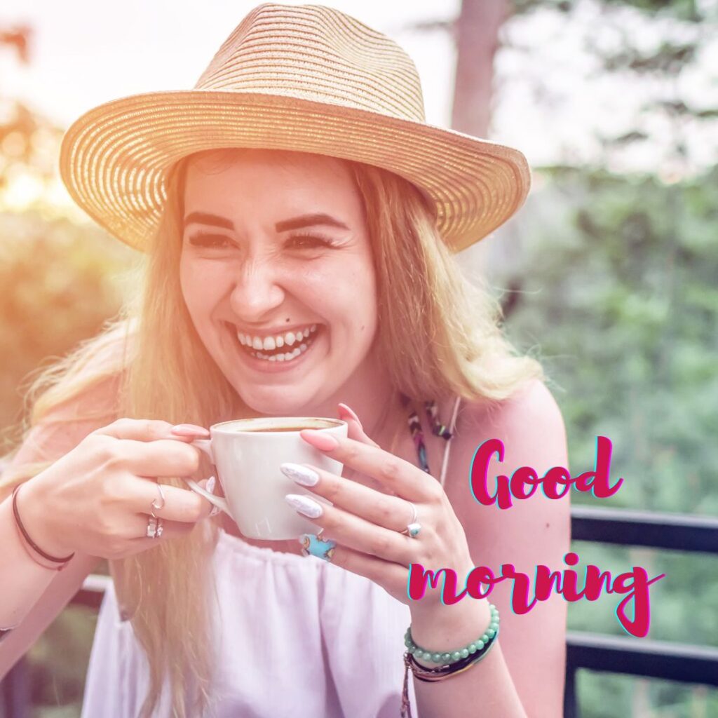 Hot girl good morning images in this a beautiful girl having a cap and taking tea