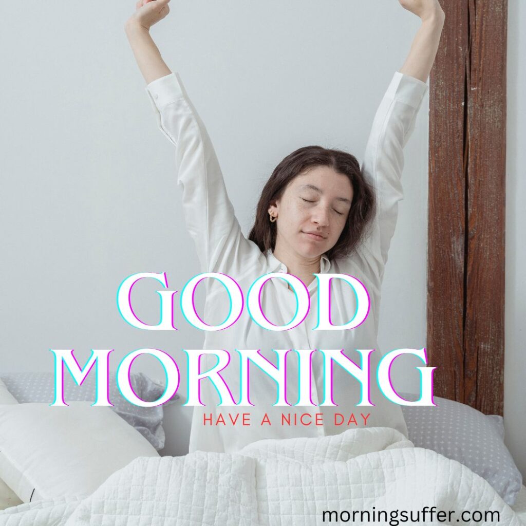 A woman is stretching both hand and waking up in the morning looking like a good morning images free download