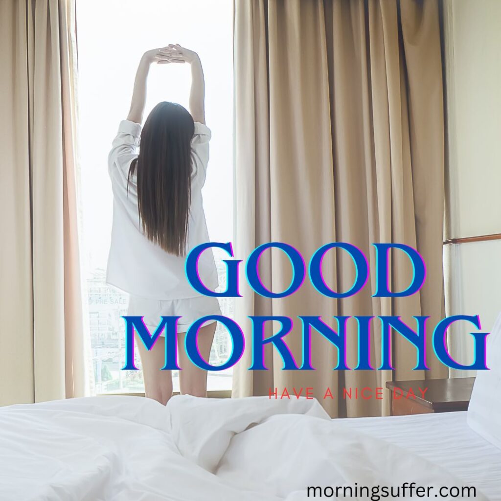 A beautiful girl is stretching both hand and standed near the window early in the morning looking like a good morning images free download